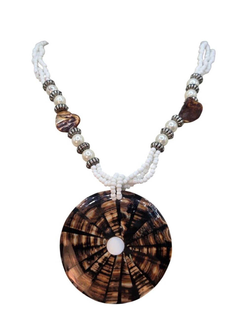 Beaded Abalone Faux Pearl Necklace with Inlay Pendant & Button Clasp